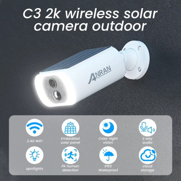 ANRAN Outdoor Solar Security Camera with Battery 3MP 2.4G WIFI Camera Battery Cloud Storage Color Night Vision Can't Add NVR