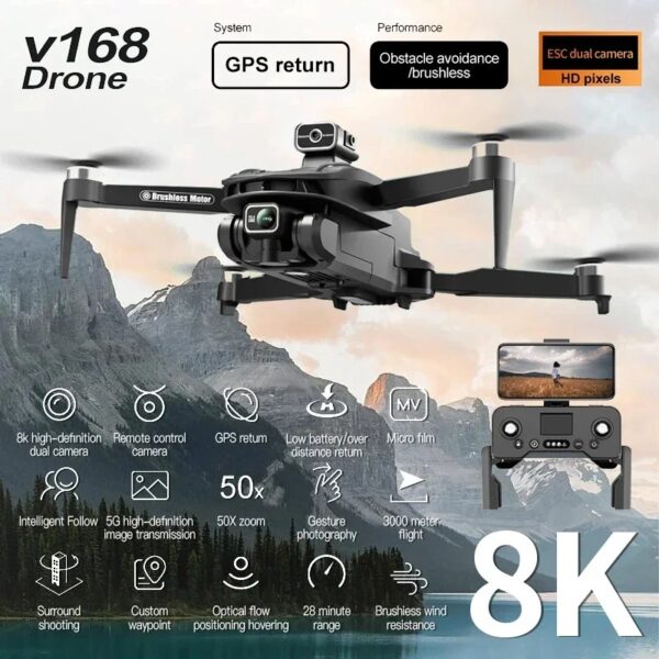 New V168 Drone Professinal Dual Camera 8K Wide Angle Optical GPS Localization Four-way Obstacle Avoidance Quadcopter