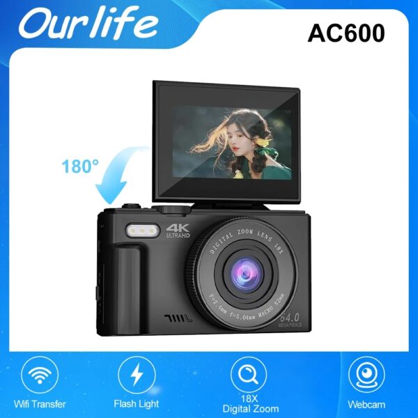 Compact Digital Photography Camera 4K 18X Digital Zoom Vintage Vlog Video Recorder YouTube 180° Flip Screen Selfile WiFi Web Cam