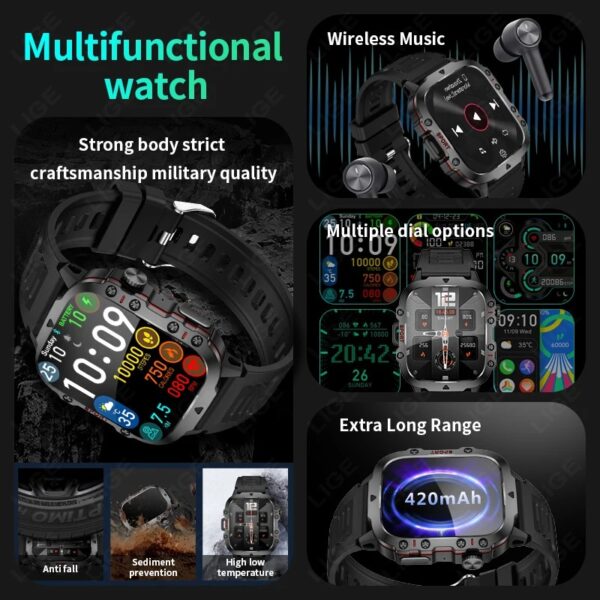 LIGE 2025 Outdoor Military Mens Smartwatch Bluetooth Call Sport Heart Rate Monitor IP68 Waterproof Smart Watches - Image 2