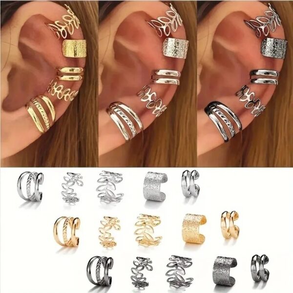 Set Of Hollow Leaf Design Clip On Earrings, Zinc Alloy Jewelry Simple Punk Style Personality Female Ear Decor