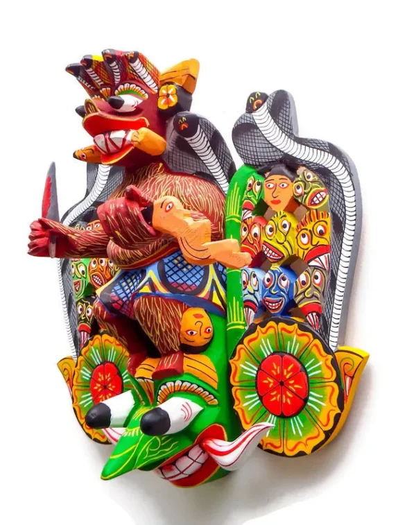 Beautiful Hand Carved Wood Wall Decor 18 Figure Sri Lankan Maha Kola Mask 12" - Image 4