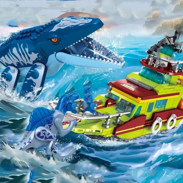 Jurassic World Mosasaurus Attack Ship Building Blocks Dinosaur Toy Escape Canglong Bricks Gift for Kids