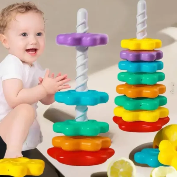 Montessori Baby Tower Game Spinning and Stacking Rainbow Puzzle Motor Skill Development Toy for Kids