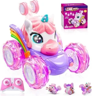 1 Unicorn Remote Control Car for Girls, 360° Rotating 4WD Stunt RC Cars with Cute Lights, Rechargeable Toys-Kid for Birthday Gifts