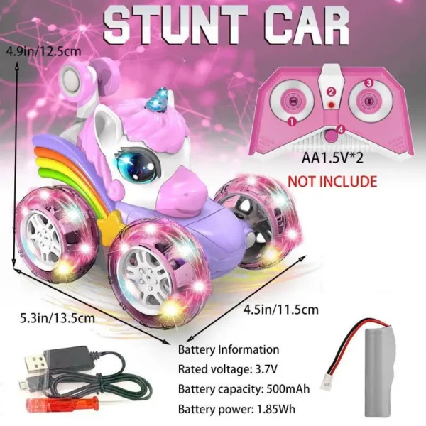 2 Unicorn Remote Control Car for Girls, 360° Rotating 4WD Stunt RC Cars with Cute Lights, Rechargeable Toys-Kid for Birthday Gifts