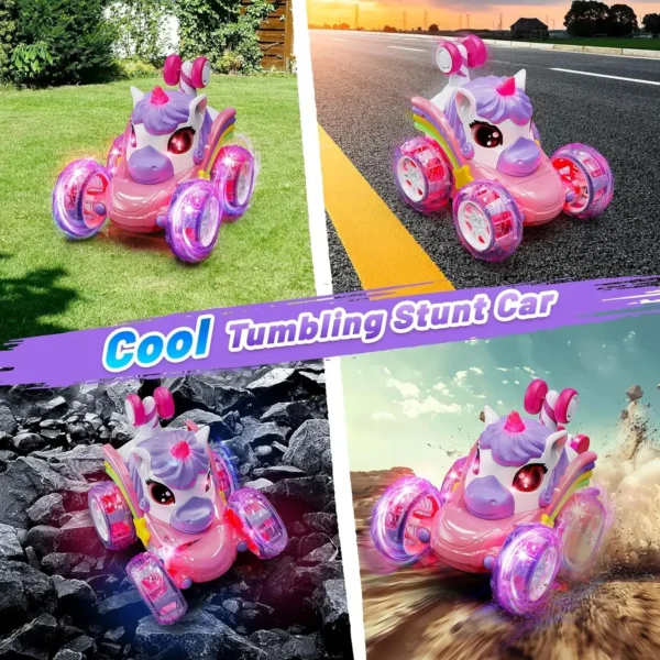 3 Unicorn Remote Control Car for Girls, 360° Rotating 4WD Stunt RC Cars with Cute Lights, Rechargeable Toys-Kid for Birthday Gifts