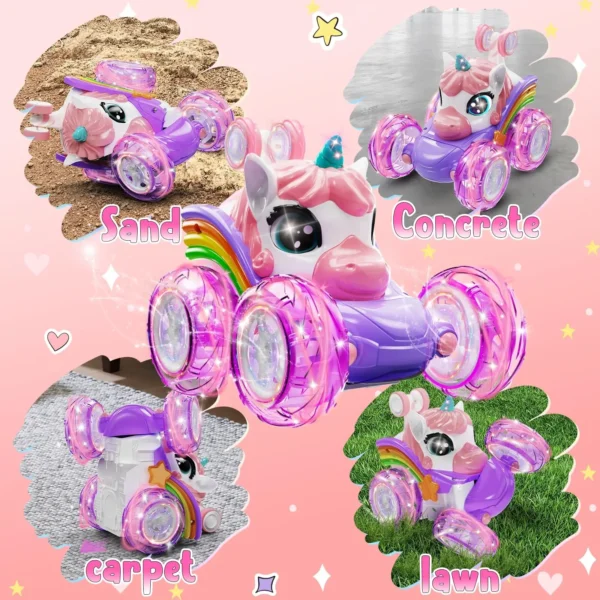 4 Unicorn Remote Control Car for Girls, 360° Rotating 4WD Stunt RC Cars with Cute Lights, Rechargeable Toys-Kid for Birthday Gifts