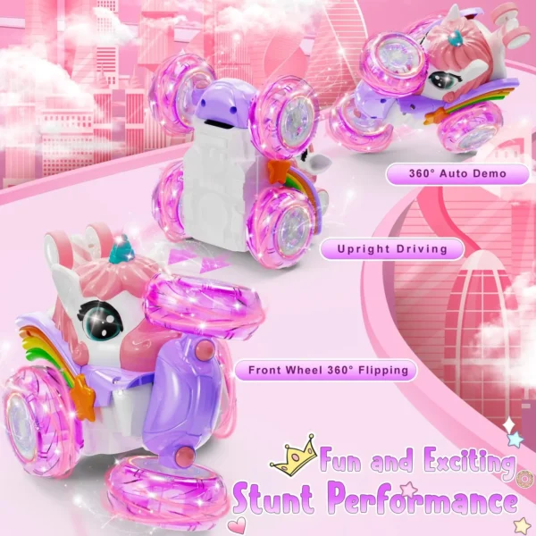 5 Unicorn Remote Control Car for Girls, 360° Rotating 4WD Stunt RC Cars with Cute Lights, Rechargeable Toys-Kid for Birthday Gifts