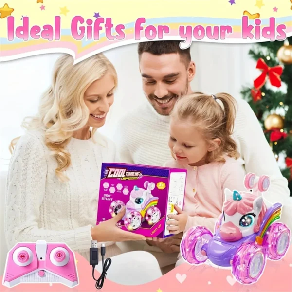 6 Unicorn Remote Control Car for Girls, 360° Rotating 4WD Stunt RC Cars with Cute Lights, Rechargeable Toys-Kid for Birthday Gifts