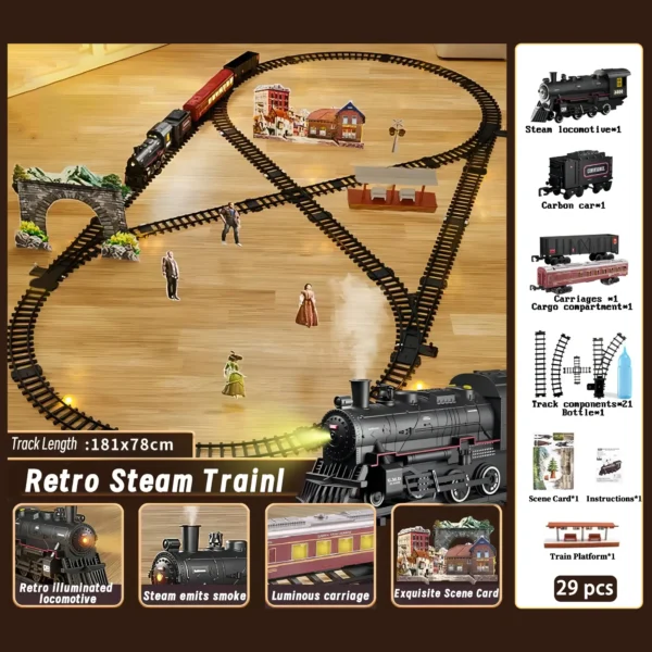 Classical Battery Operate Electric Railway Train Steam Locomotive Set Adding Water to Smoke Train Toys with Light & Sound ﻿