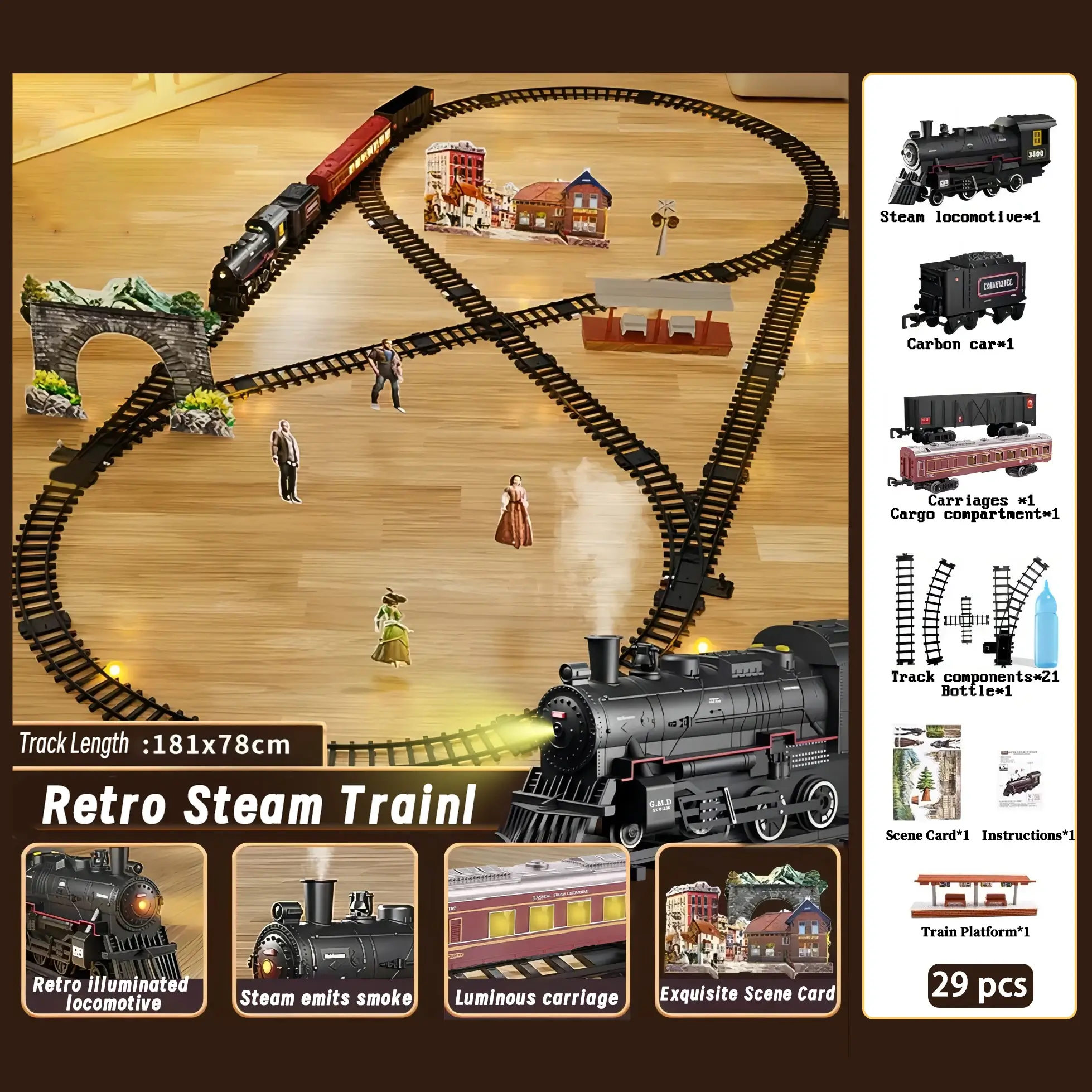 Classical Battery Operate Electric Railway Train Steam Locomotive Set Adding Water to Smoke Train Toys with Light & Sound ﻿