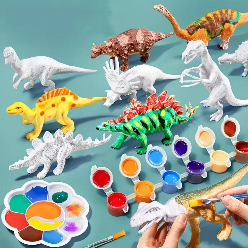 6/8PCS DIY Paint Your Own Dinosaur Kit Blank Dinosaur Model Figurine Washable Paint Brush Palette Educational Graffiti Art Toy