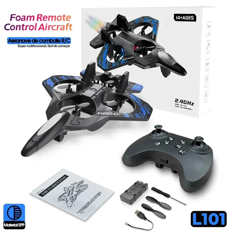 L101 RC Foam Airplane 2.4G Remote Control EPP Glider with LED Lights Stunt Flying Fighter Plane Toy for Kids